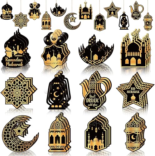 36 piezas de adornos de madera de Ramadán Purpeak, adornos colgantes de Eid Mubarak, adornos de pared para fiesta de Eid, decoraciones de Ramadán