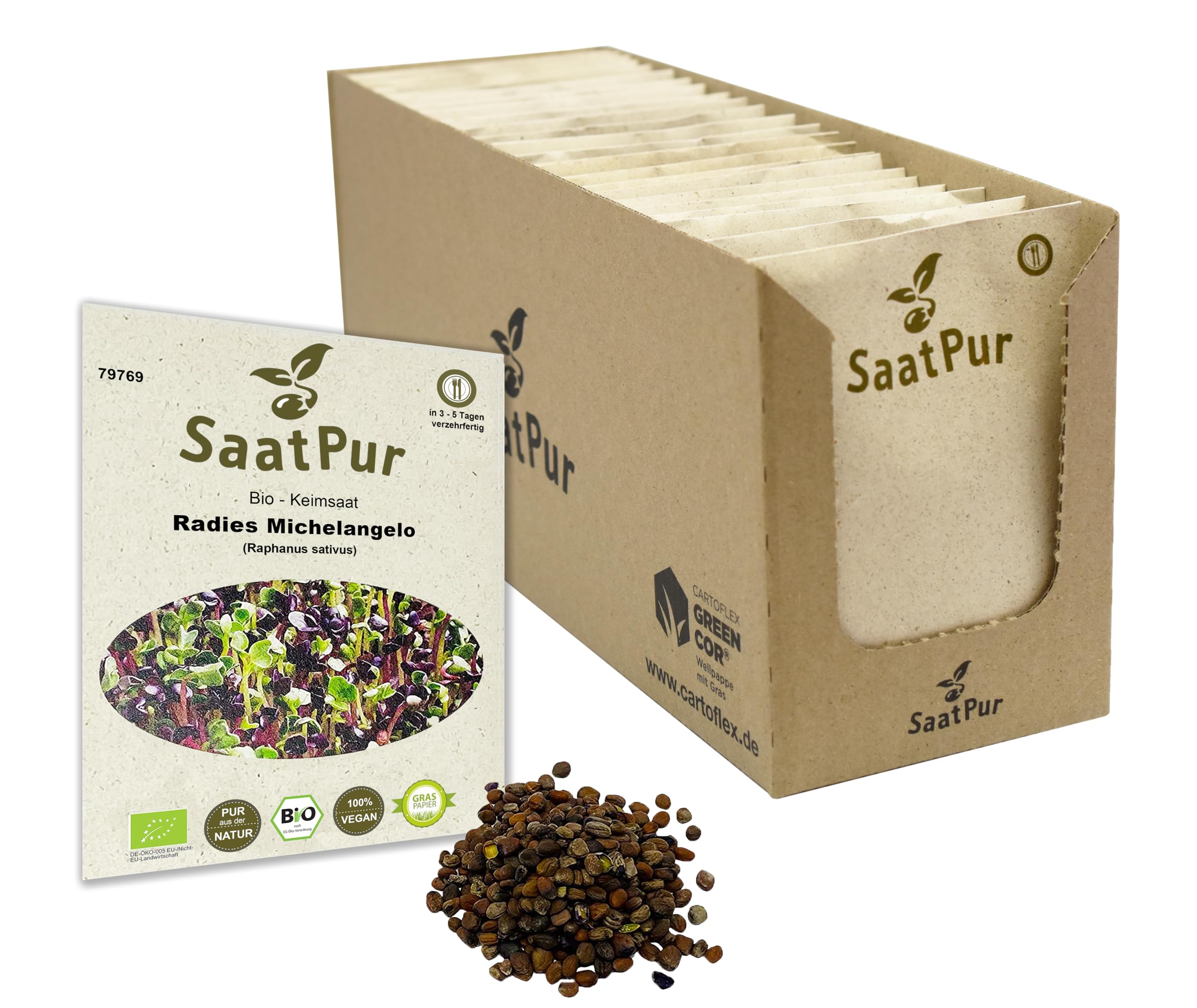 Radies Michelangelo BIO Keimsprossen von SaatPur - Keimsaat für die Sprossenzucht zuhause - Großes Tray mit 60 Portionstüten je 30g