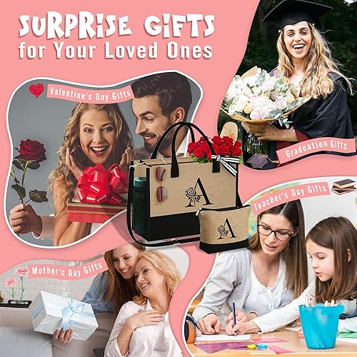 Miniatura 4 de Regalos para el día de la madre bolsa de yute inicial con cremallera, regalos de cumpleaños personalizados para mujeres, regalo de graduación para