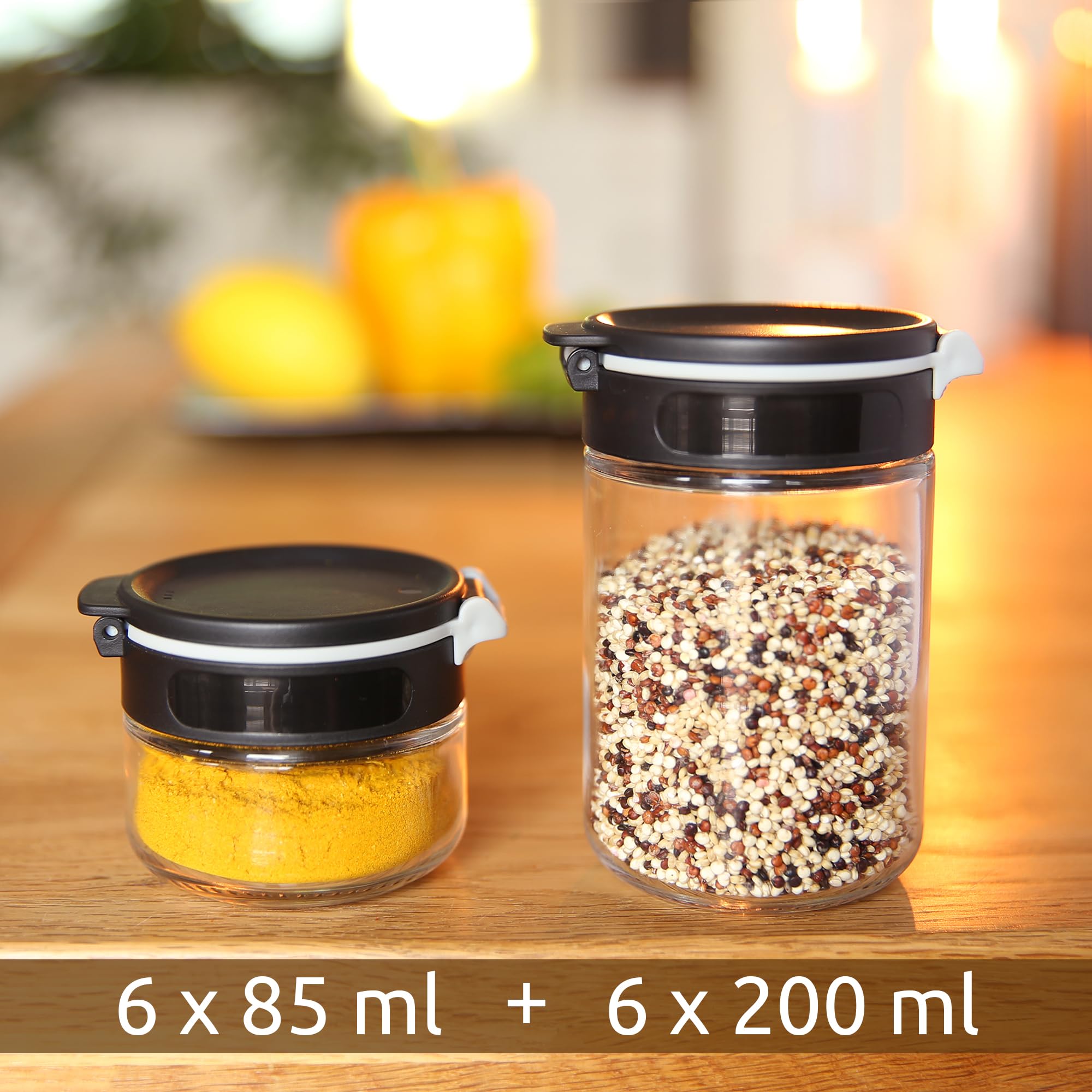 your GEAR Gewürzstreuer Double-Flip - Gewürzdosen in 2 Größen (200ml + 85ml) aus Glas mit drehbarem Gewürzregal, selbstreinigender Streueinsatz, Gewürzgläser im Gewürzkarussell mit Etiketten