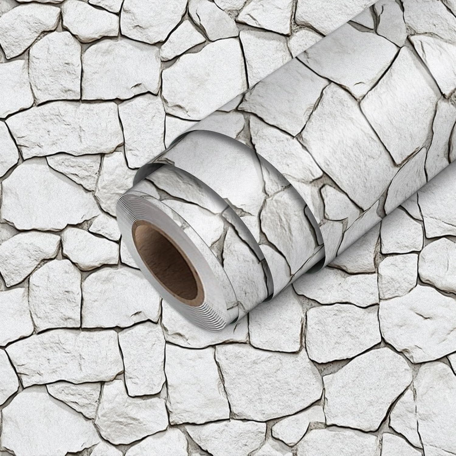 HOMETITUTE Stone Wallpaper Peel and Stick White Rock Contact Paper Wall Paper Stick 17.7" x 118.1" Self Adhesive Vinyl Faux Brick Wall Covering for Living Room Kitchen Decor