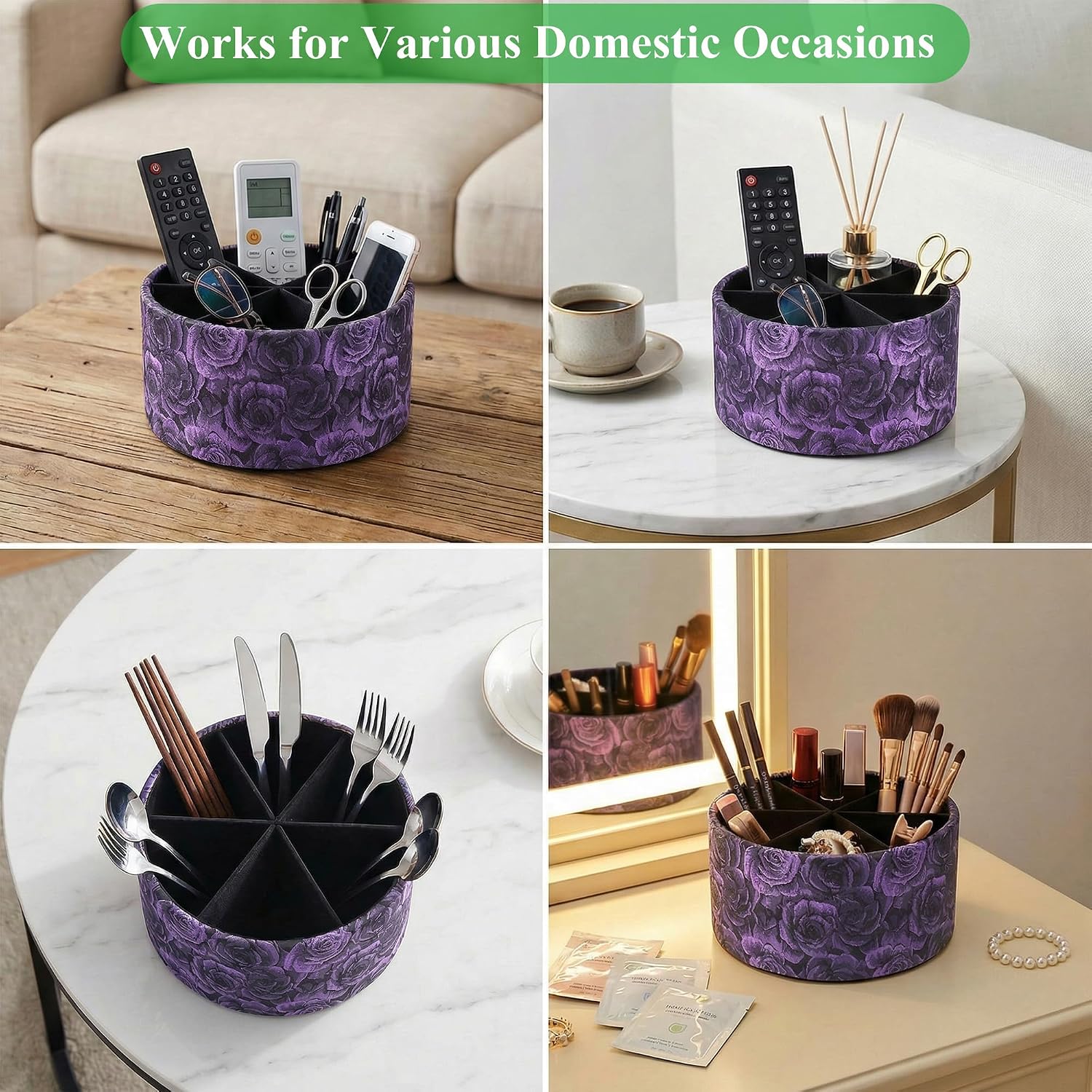 QIELIZI Remote Control Holder, 360°Spinning PU Leather Desk TV Remote Caddy,Desk Storage Box Room Accessories for Controller, Media,Mail,Calculator, Mobile Phone,Pencil(1-B3D Purple)