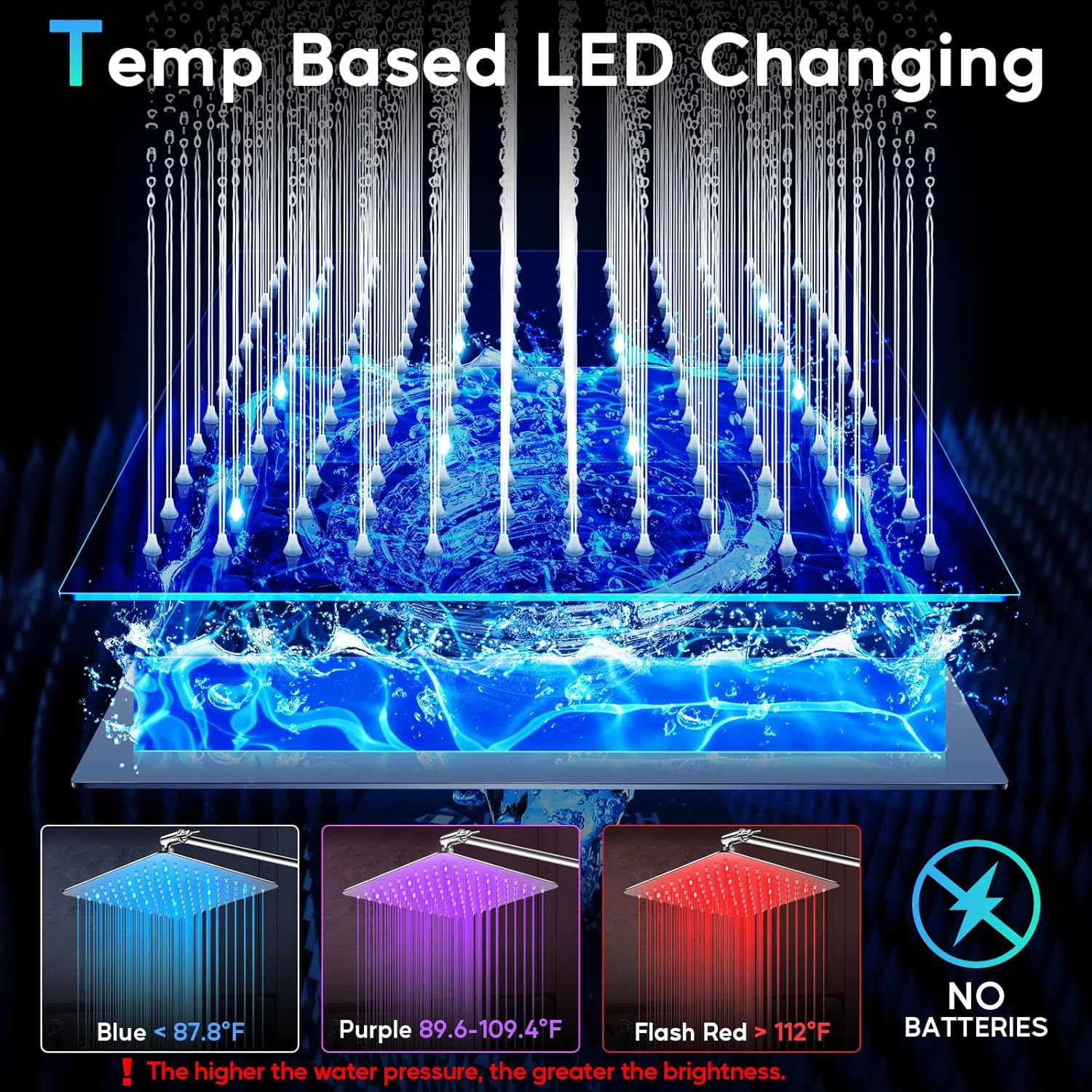 LED Shower Head, 12’’ LED Shower Head with Color Changing Lights, High Pressure Rainfall Shower Head Combo, Chrome Stainless Steel & 11’’ Flexible Curved Arm, 60’’ Hose