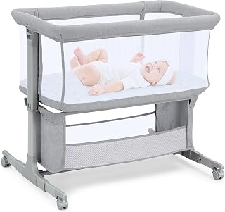Culla Fianco Letto per Neonati, Lettino Co-Sleeper Regolabile in 7 Altezze con Ruote, Materasso e Cesto Portaoggetti, Culla Portatile per Camera da Letto