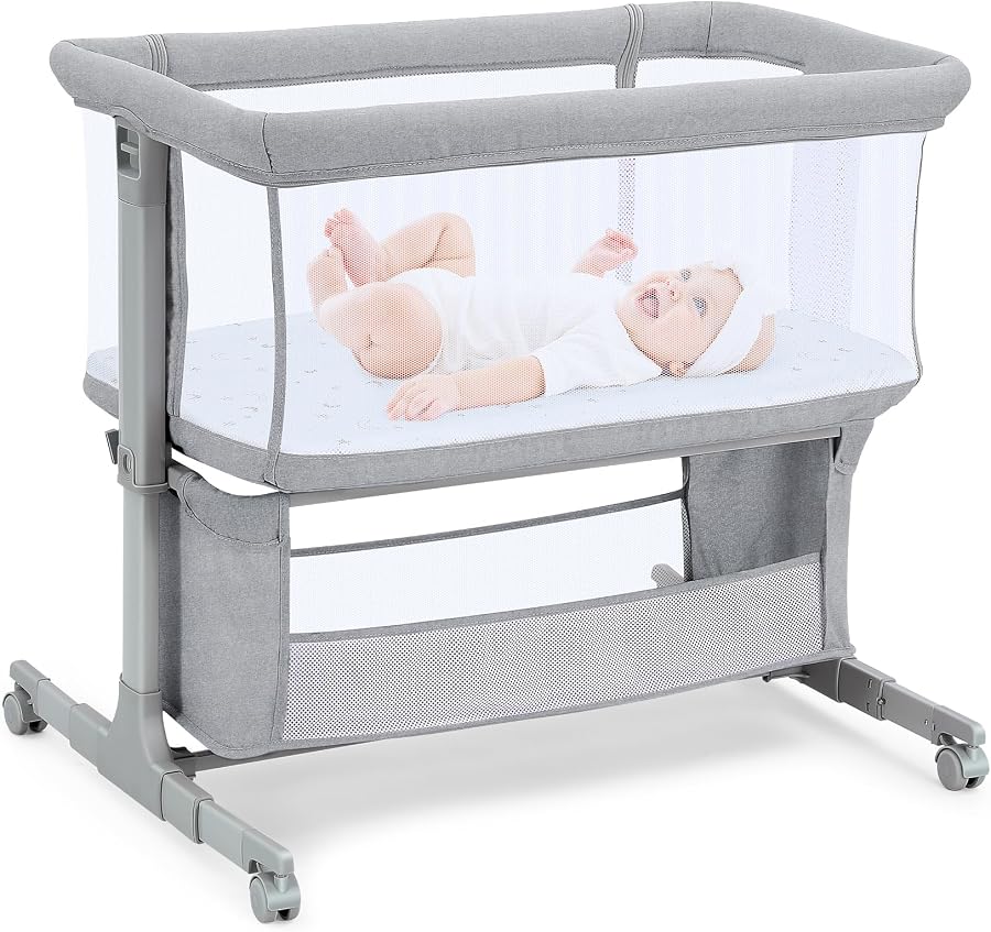 Culla Fianco Letto per Neonati, Lettino Co-Sleeper Regolabile in 7 Altezze con Ruote, Materasso e Cesto Portaoggetti, Culla Portatile per Camera da Letto — foto principale