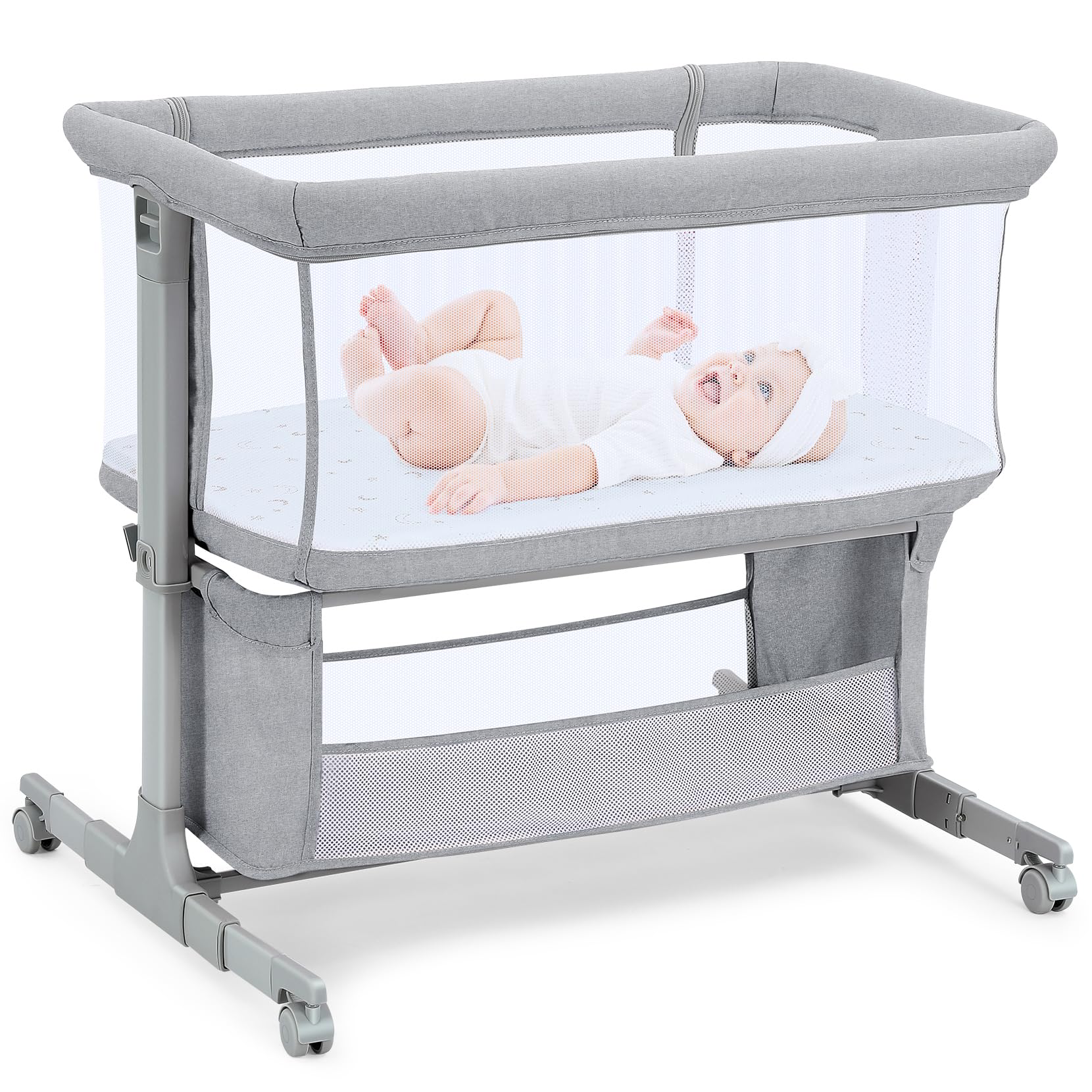 Growaystory Beistellbett Baby Bettseitiger Bassinet für Neugeborene Tragbarer Baby Bett mit Rädern Aufbewahrungskorb Matratze 7-Fach Höhenverstellbar Zustellbett (Hellgrau)