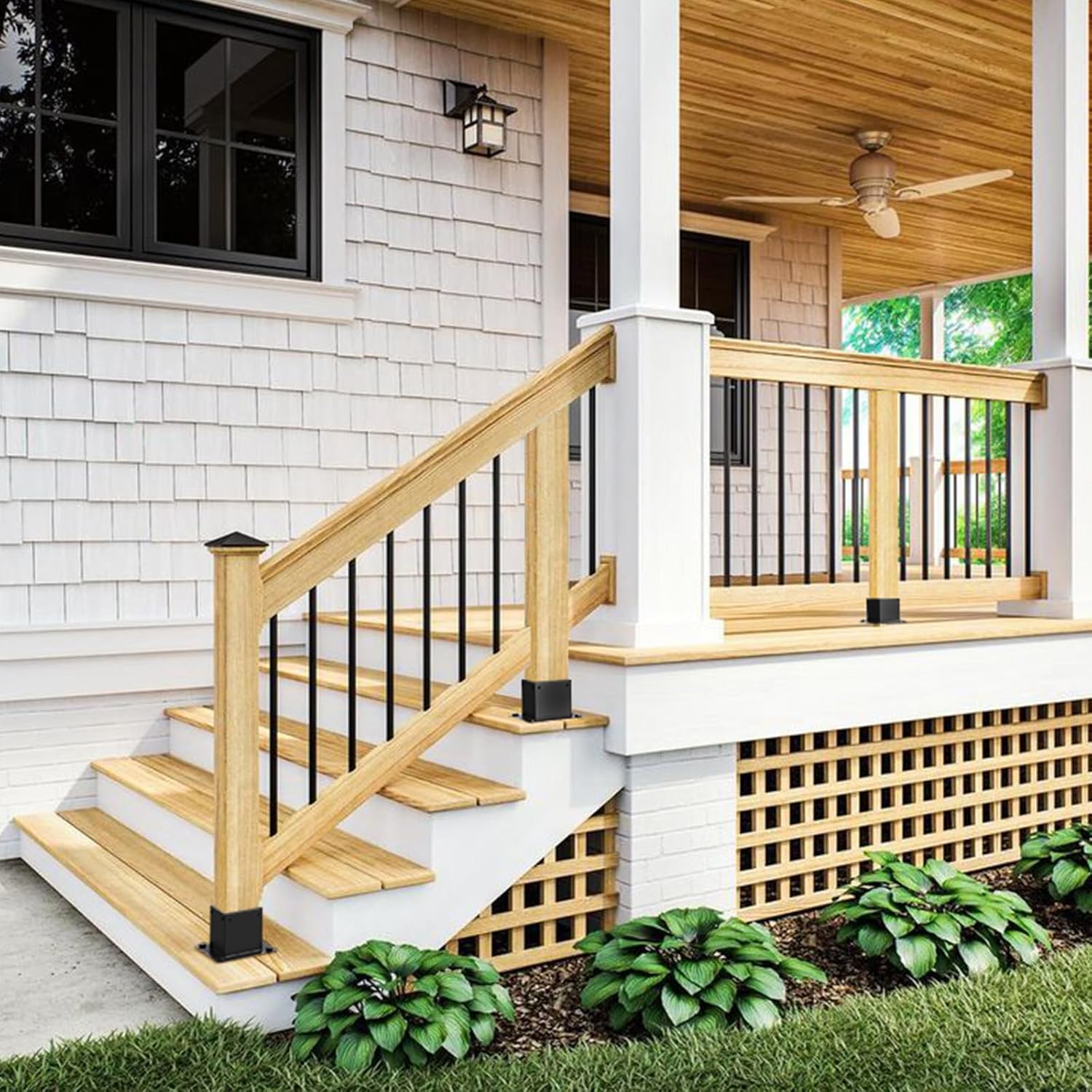 4 x 4 Post Base 2 Pcs Fence Post Bracket Inner Size 3.6"X3.6" Deck Post Metal Flange Standard Wood Post Stainless Steel Anchor for Porch Deck Handrail Fence Gate Railing Pergola Support, Black