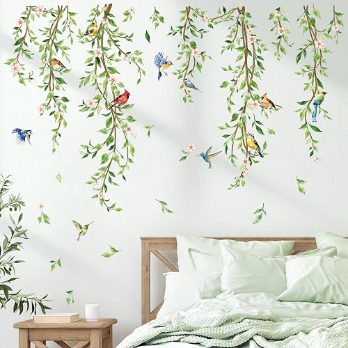 decalmile Green Vine Plants Leaves Birds Sofa TV Wall Decals