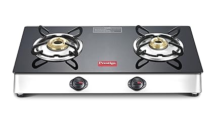 Prestige Marvel Plus Manual Ignition Stainless Steel Glass Top 2 Burner Open Gas Stove, (Black)
