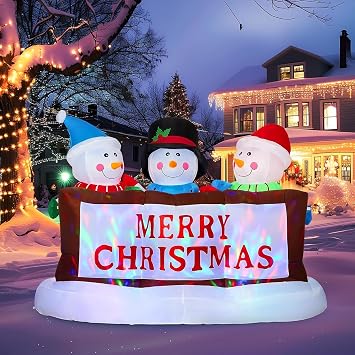 SOLLED 8ft Christmas Inflatable Little Snowman Holding Merry Christmas Sign | 3 Blow Up Cute Snowmen Decor with Rotating RGB Lights, Outdoor Yard Decoration for Holiday, Garden, Lawn, Party Gift