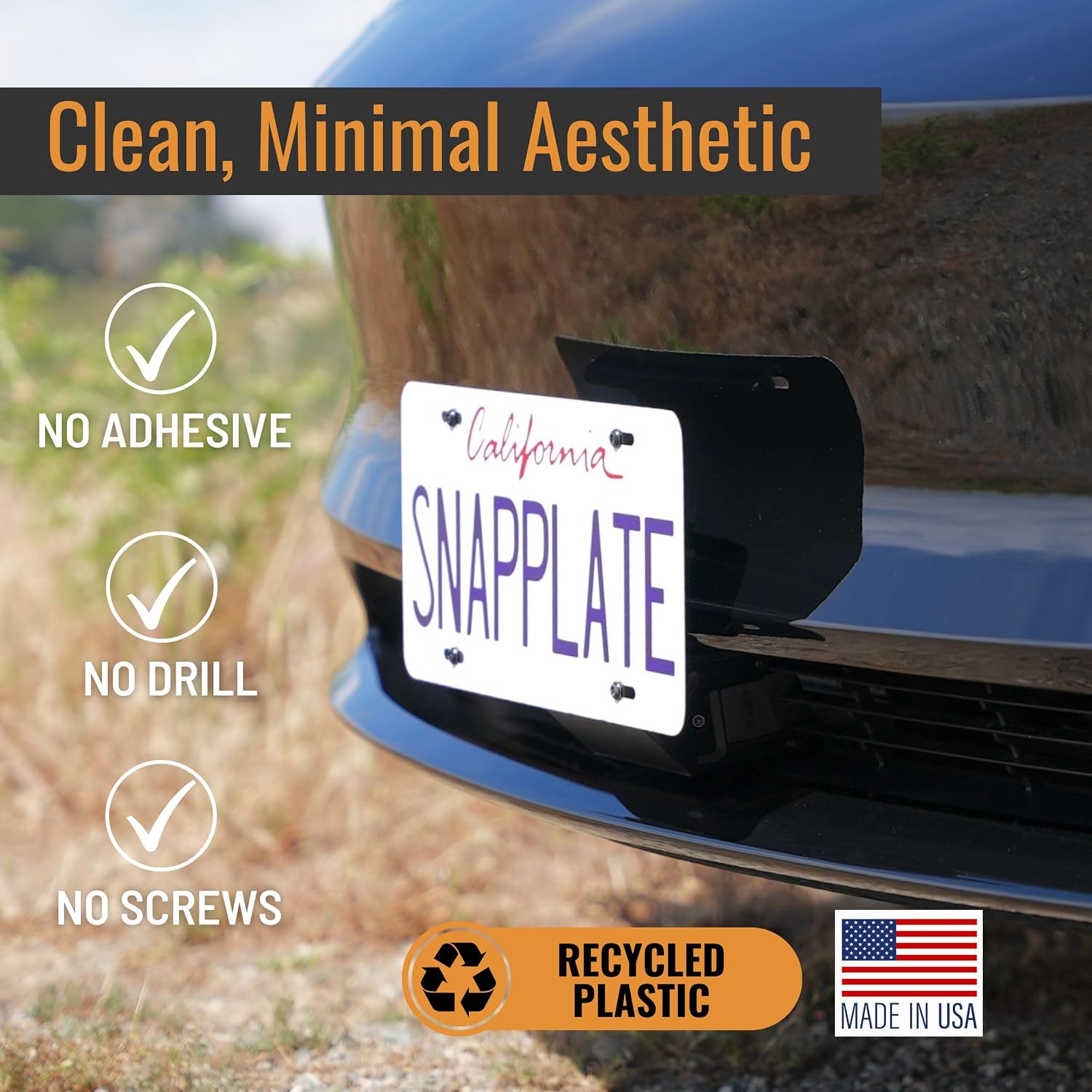 SnapPlate+ Front License Plate Holder - Fits Tesla Model 3 (Feb 2024-2025 NO Camera) Highland Refresh - Grille-Safe Non-Metal Design, Anti-Theft, Removable, Height-Adjustable, USA Made