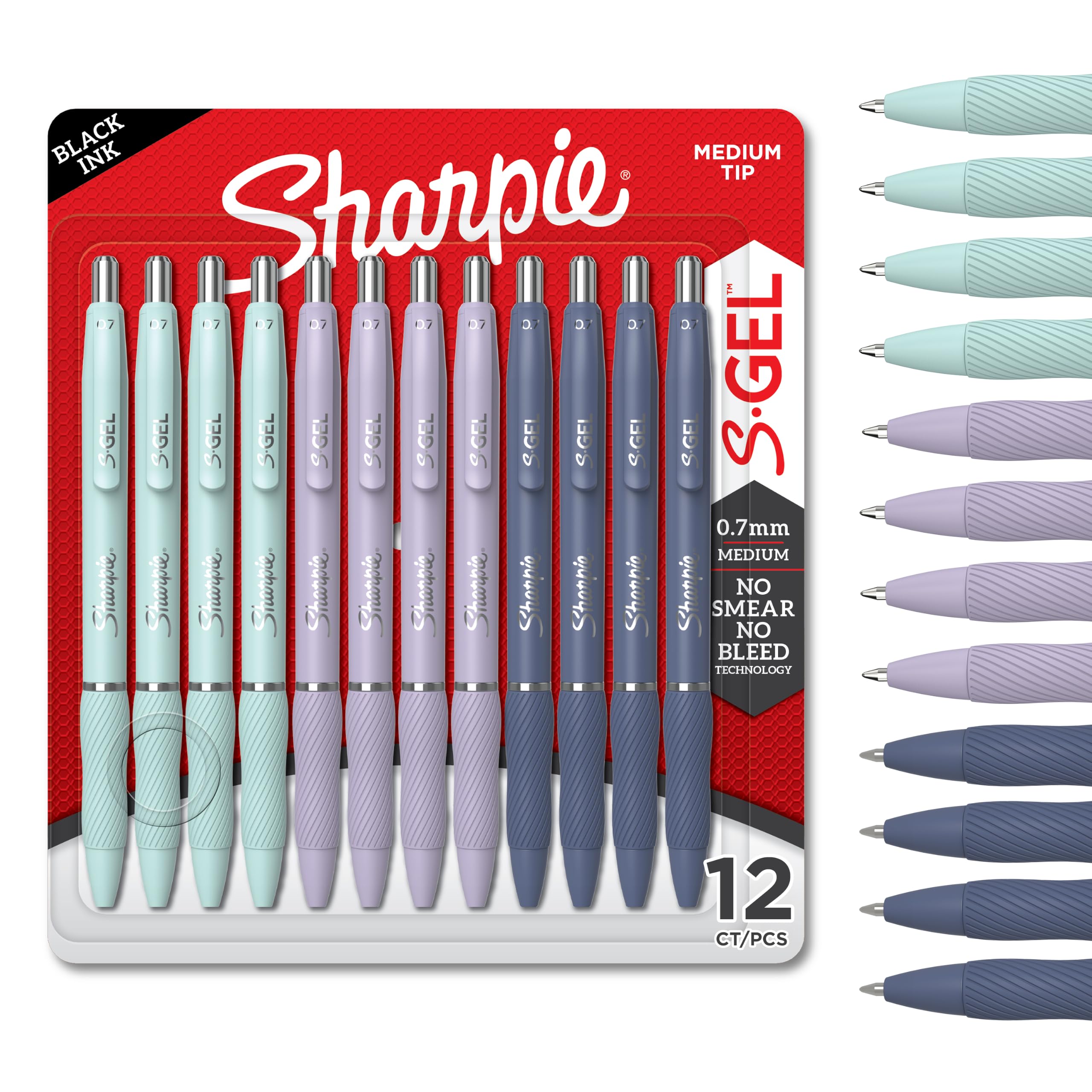 Sharpie S-Gel | Gel Pens | Medium Point (0.7mm) | Assorted Colour Barrels | Black Ink | 12 Count