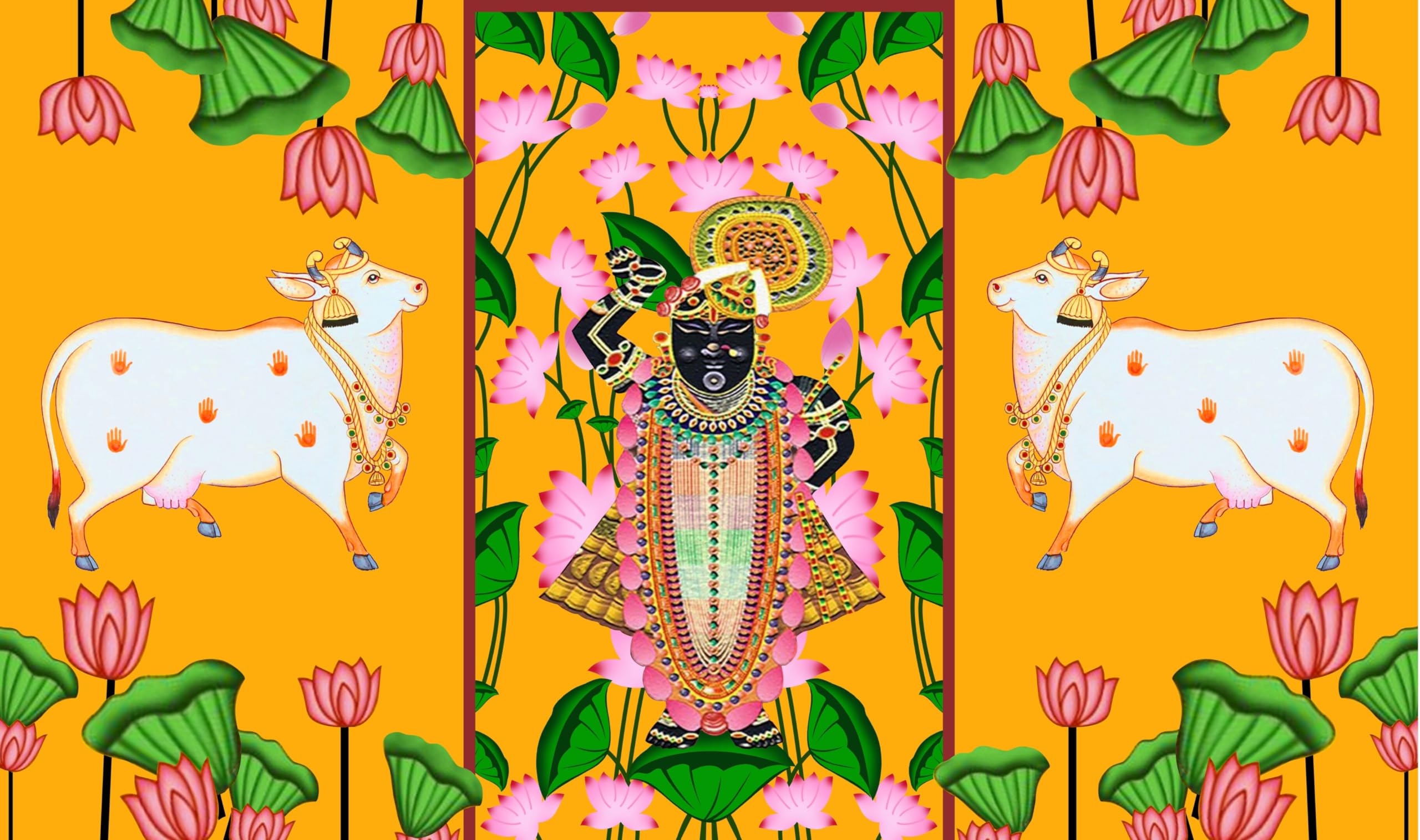 Two Cow with Srinath ji Design Decoration Backdrop Cloth for Pooja Decoration Traditional Background Curtain Cloth for Pooja Festival Size 5 Feet Height and 8 Feet Width(5 * 8)