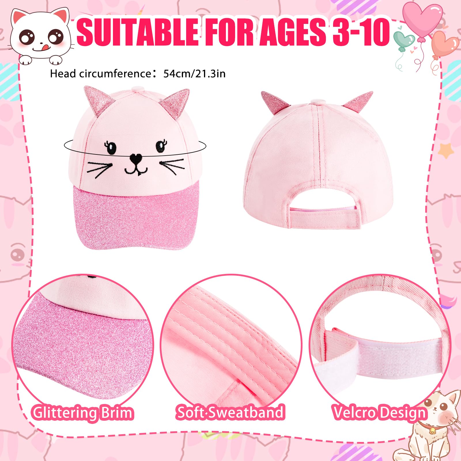Gorra de Béisbol para Niñas con Orejas de Gato, Gafas de Sol para Niños Protección UV Ajustable Sombrero de Lentejuelas Visera Lindo Playa Gorras Casual Regalos para Niñas Verano