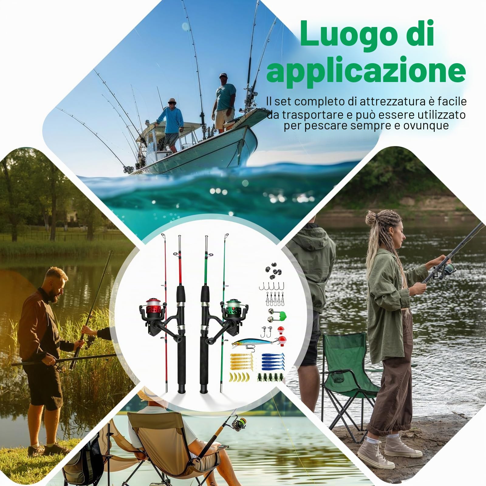 PORFOYO Set da pesca per bambini, canne da pesca telescopiche da 1,8 m con mulinello, portatile, 2 pezzi, rosso/verde, per principianti, 3-10 anni