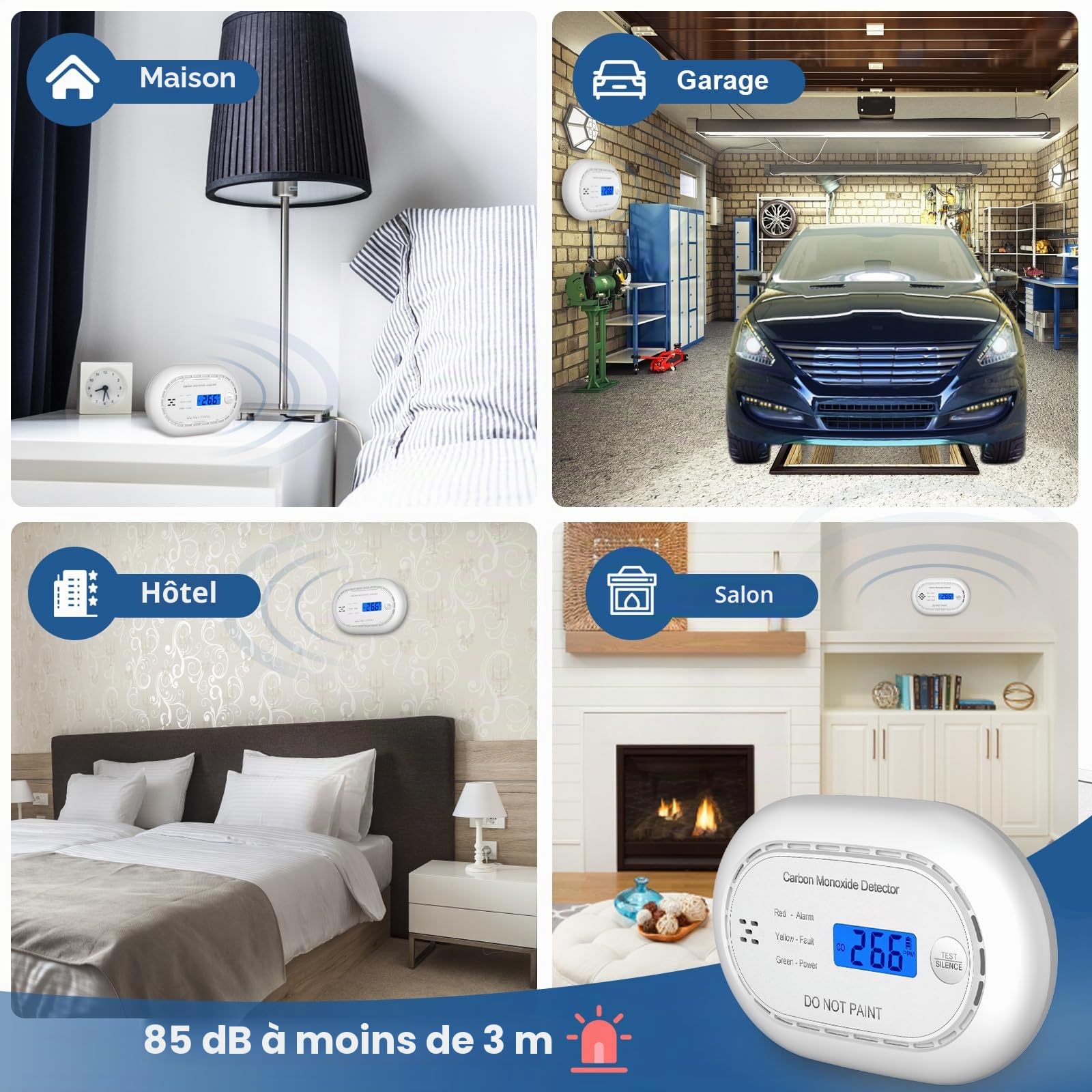 Détecteur de monoxyde de carbone avec écran numérique LCD, alarme de CO certifiée CE avec batterie scellée en 10 ans, détecteur de CO sonore autonome pour la maison, noir, 1 paquet