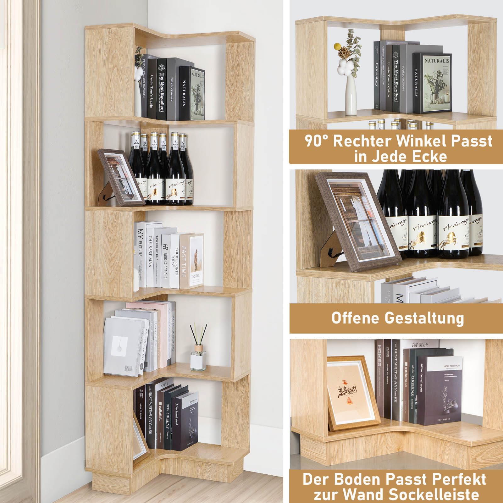 bimiti Boekenkast van hout, 6 lagen, 175 cm hoog, grote hoekplank, opbergplank voor woonkamer, huis, kantoor