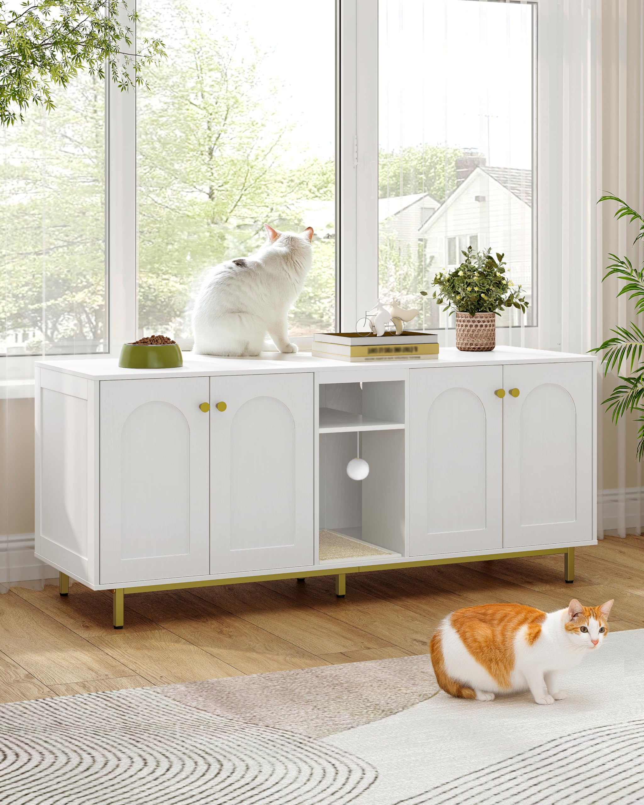 Hzuaneri Mueble Arenero Gato, Oculto para Arenero con Espacio de Almacenamiento, Bola para Gatos, Mueble de TV o Armario de Almacenamiento, 140 x 48 x 62 cm, Blanco-Oro CB86513A