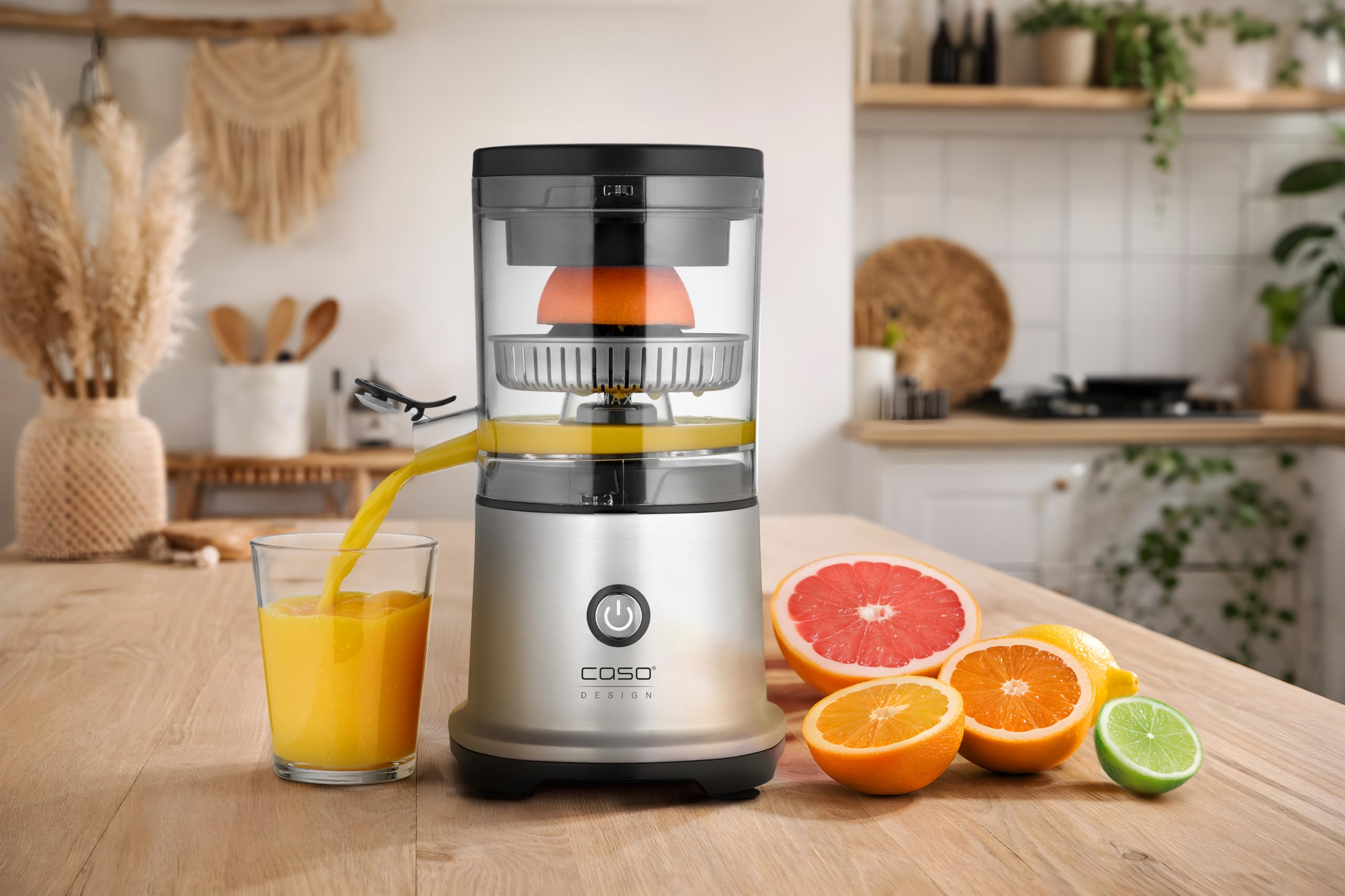 CASO CP 440 Lift Inox - Exprimidor Eléctrico con cono universal para Naranjas y Cítricos, 300W, antisalpicaduras, alta extracción de zumo, pies con ventosa, apto para lavavajillas, acero inoxidable