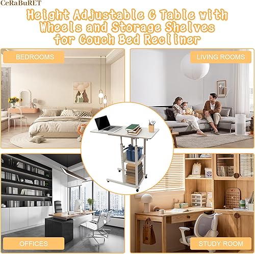 Miniatura 6 de Mesa auxiliar ajustable en forma de C, mesa auxiliar con diseño de 3 niveles, mesa C ajustable en altura con ruedas y estantes de almacenamiento