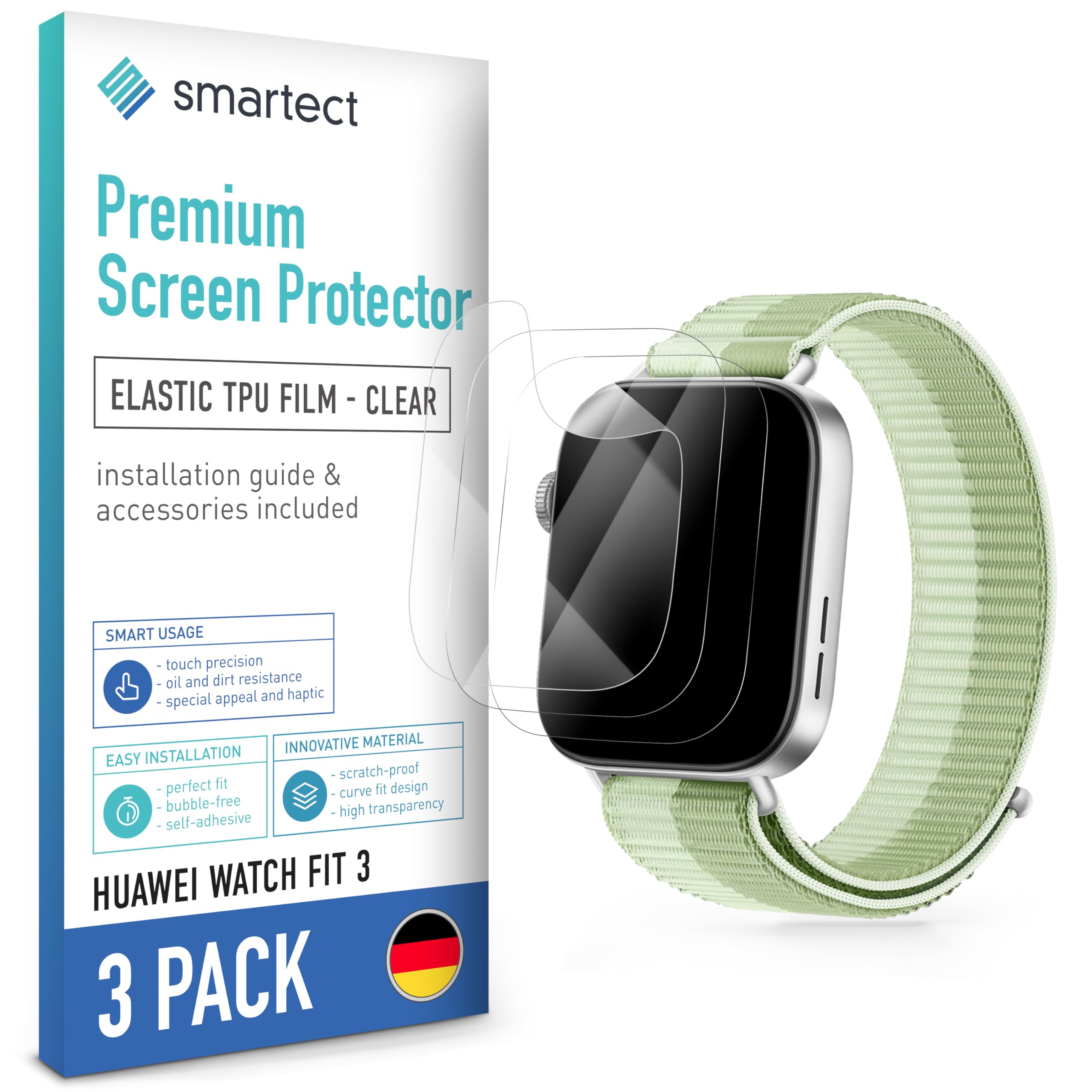 smartect Folia Ochronna TPU [3 Sztuki, Clear] dla Huawei Watch Fit 3, Zakrywa cały wyświetlacz, Ochraniacz Ekranu bez Pęcherzyków, Bez Odcisków palców