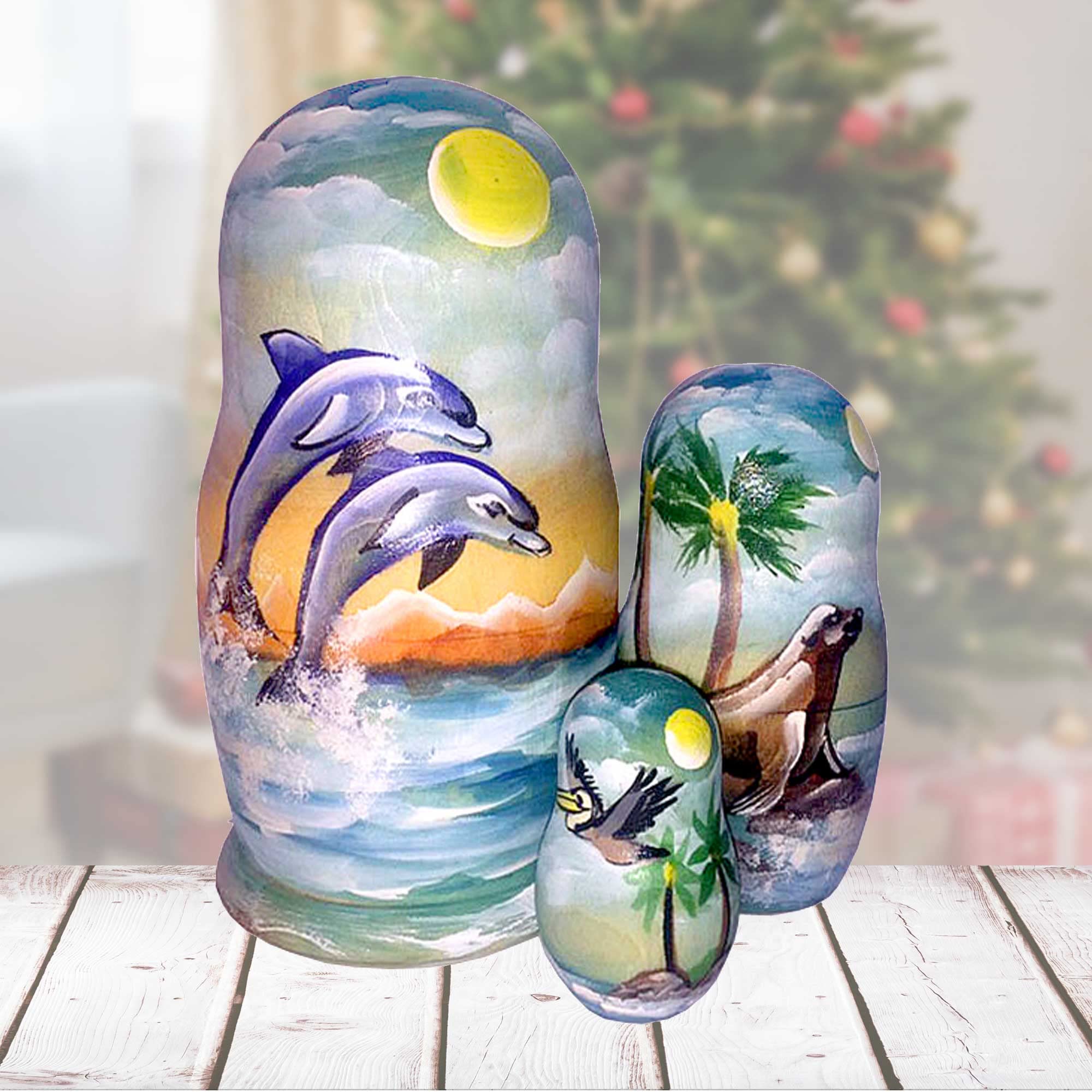 Coastal Dolphins, Seal & Pelican 3-Nest Matreshka Wooden Nesting Dolls Set - 14741 by G.DeBrekht