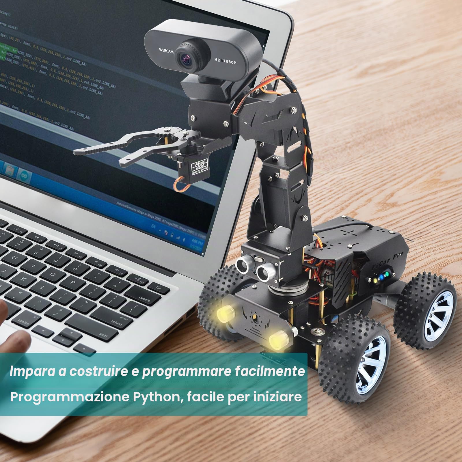 Adeept PiCar Pro V2 - Kit robotico (Raspberry Pi non incluso), Smart Car con braccio robotico 4-DOF per Pi 5/4/3, fotocamera HD 1080P, OpenCV, prevenzione ostacoli, tracciamento linea, ricarica USB-C