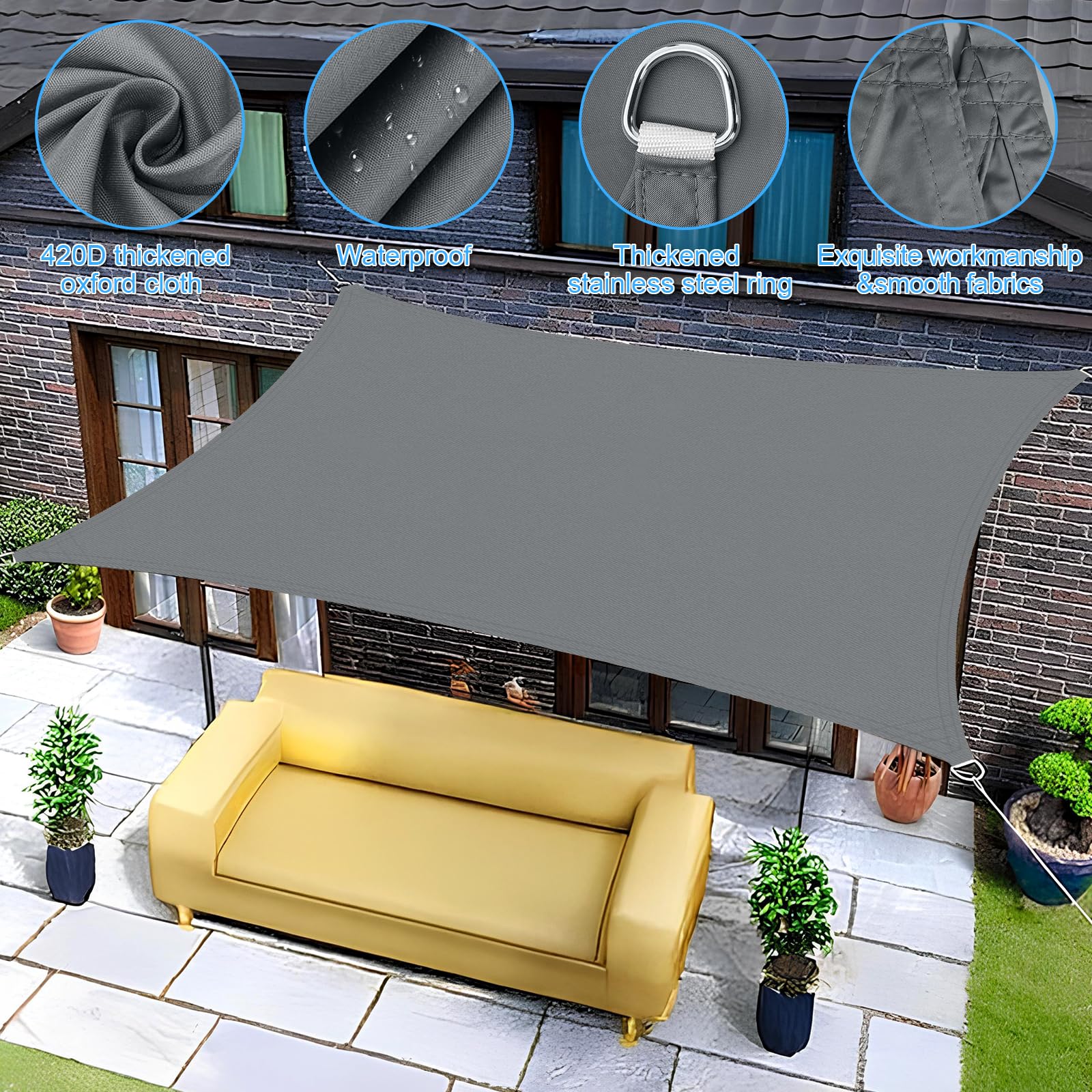 Vela Parasole Impermeabile Dell'ombrellone 4x5m, Tessuto Oxford 420D Vela Ombreggiante, Resistente ai Raggi UV 95%, Vela Ombreggiante per Piscina, Giardino, Terrazza, Parco, Campeggio - Grigio