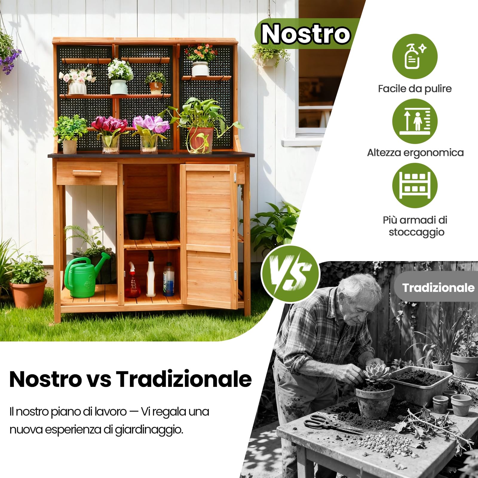 Armadio da giardino in legno resistente alle intemperie, per esterni, con parete forata, cassetti e spazio di archiviazione, resistente alle intemperie, per la cucina all'aperto, con ripiani e