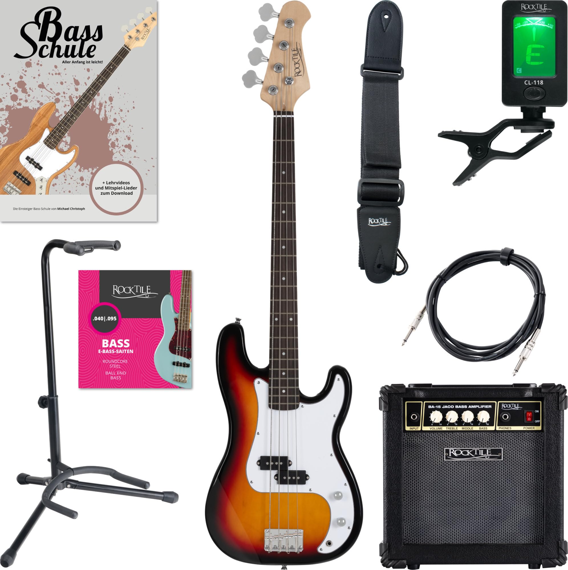 Rocktile Puncher zestaw basów elektrycznych Longscale w stylu Preci-Style z dzielonym odbiornikiem - w zestawie pasek gitarowy, kabel i szkoła basów elektrycznych - Sunburst