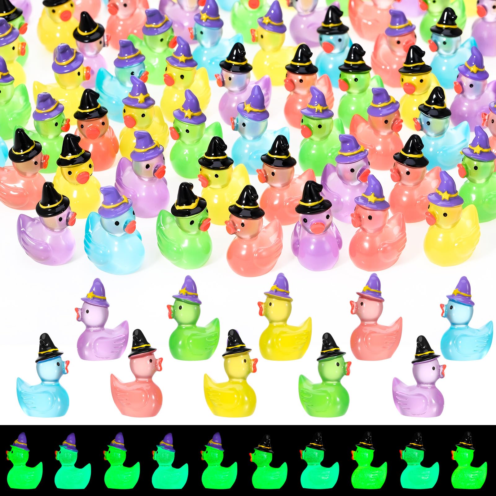 GSrenyu 80 Pcs Halloween Mini Resin Ducks with Hat, 10 Styles Tiny Duck Figurines Luminous, Glow in The Dark for Novelty Halloween Party Favours Aquarium Garden Landscape Decor