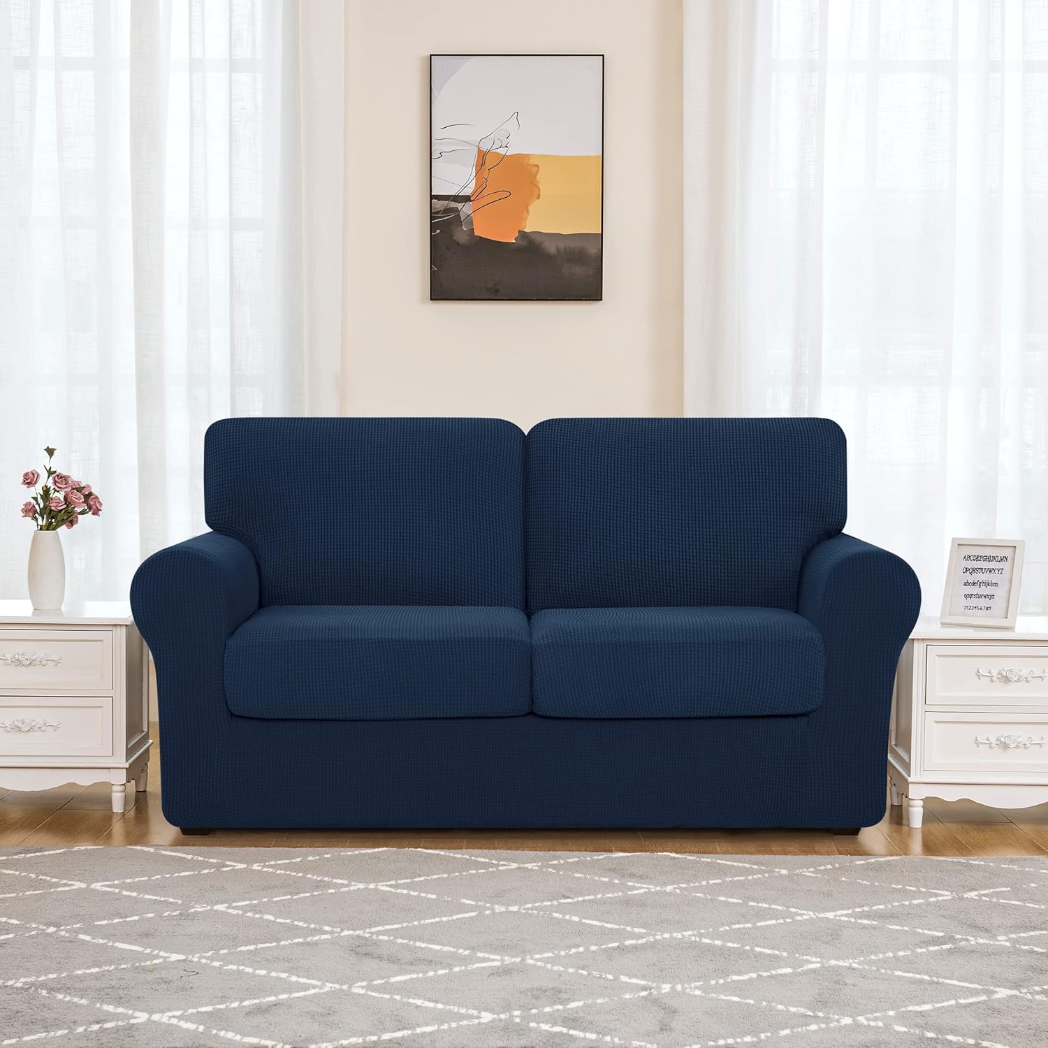 SUBRTEX 5 Piece Loveseat Cover Bundles 7 Piece Sofa Cover Stretch Couch Slipcover with Separate Backrest Covers and Cushion Covers Slipcover Sets for Living Room（Medium+Large,Navy）