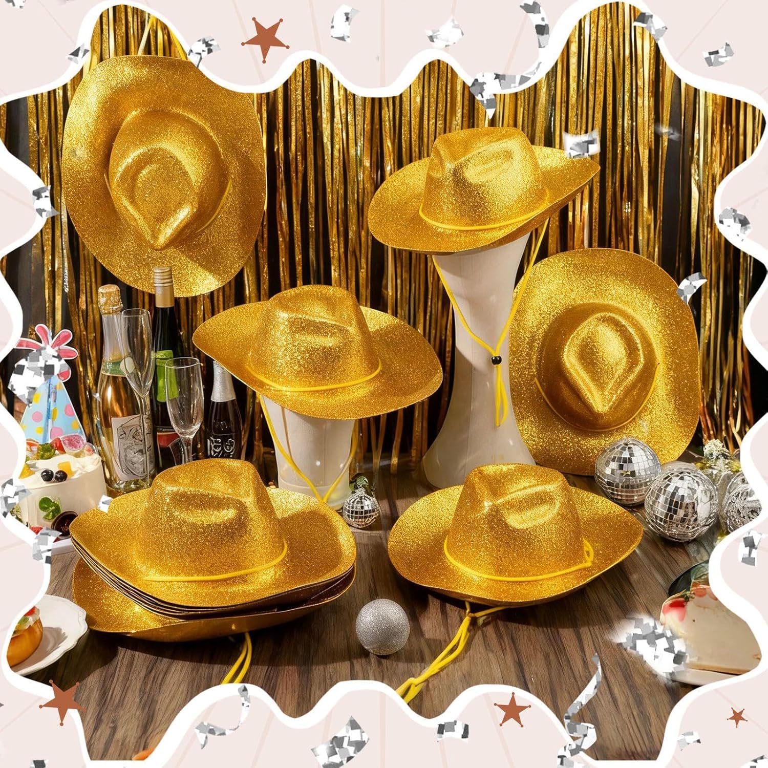 Shyyween 24pcs Sparkly Western Cowgirl Hats for Adult Bulk Glitter Cowboy Hat Adjustable for Men Women Bachelor Western Party