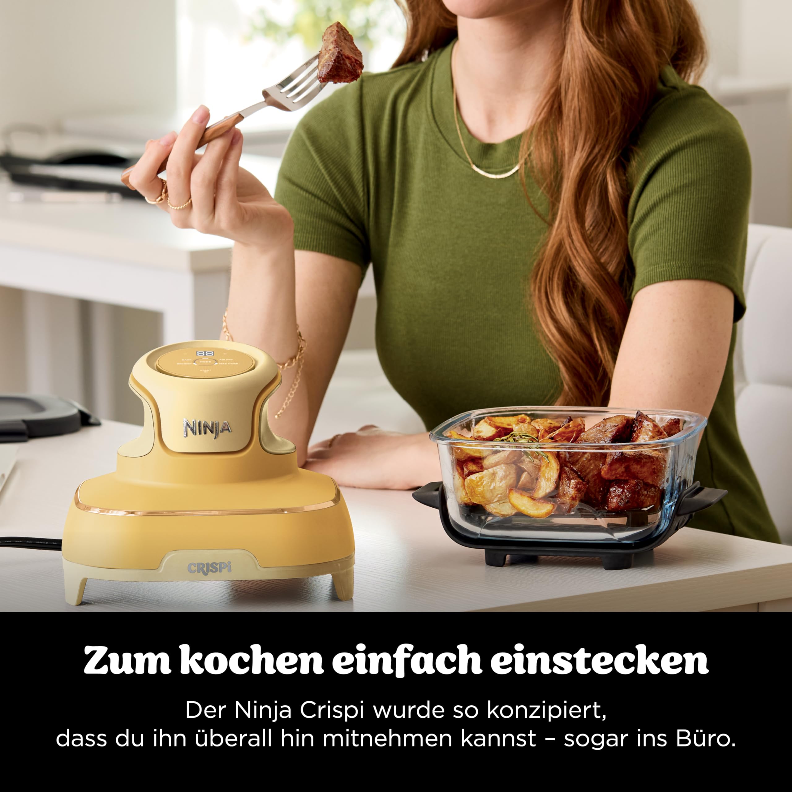 Ninja CRISPi Tragbare Heißluftfritteuse, 3,8 l & 1,4 l, 4-in-1: Heißluftfrittieren, Braten, Warmhalten, Aufknuspern, kompakt, 6 Portionen, 2 Glasbehälter & Deckel, 1700 W, Ingwerbraun FN101EUGD