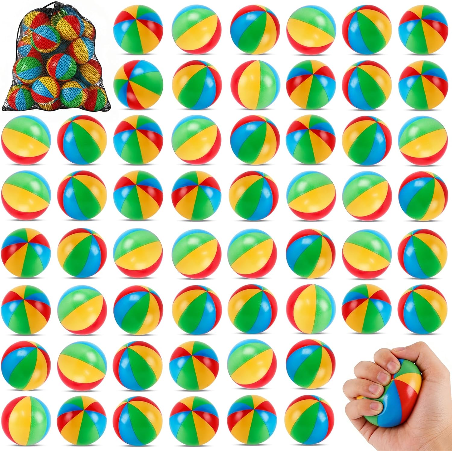 50 Pcs Premium PU Beach Stress Balls Rainbow 2.5 Inch - Uncompressed Packaging Mini Stress Relief Toys with Mesh Storage Bag for Office, Classroom Rewards, Birthday Party Favors & Beach Party