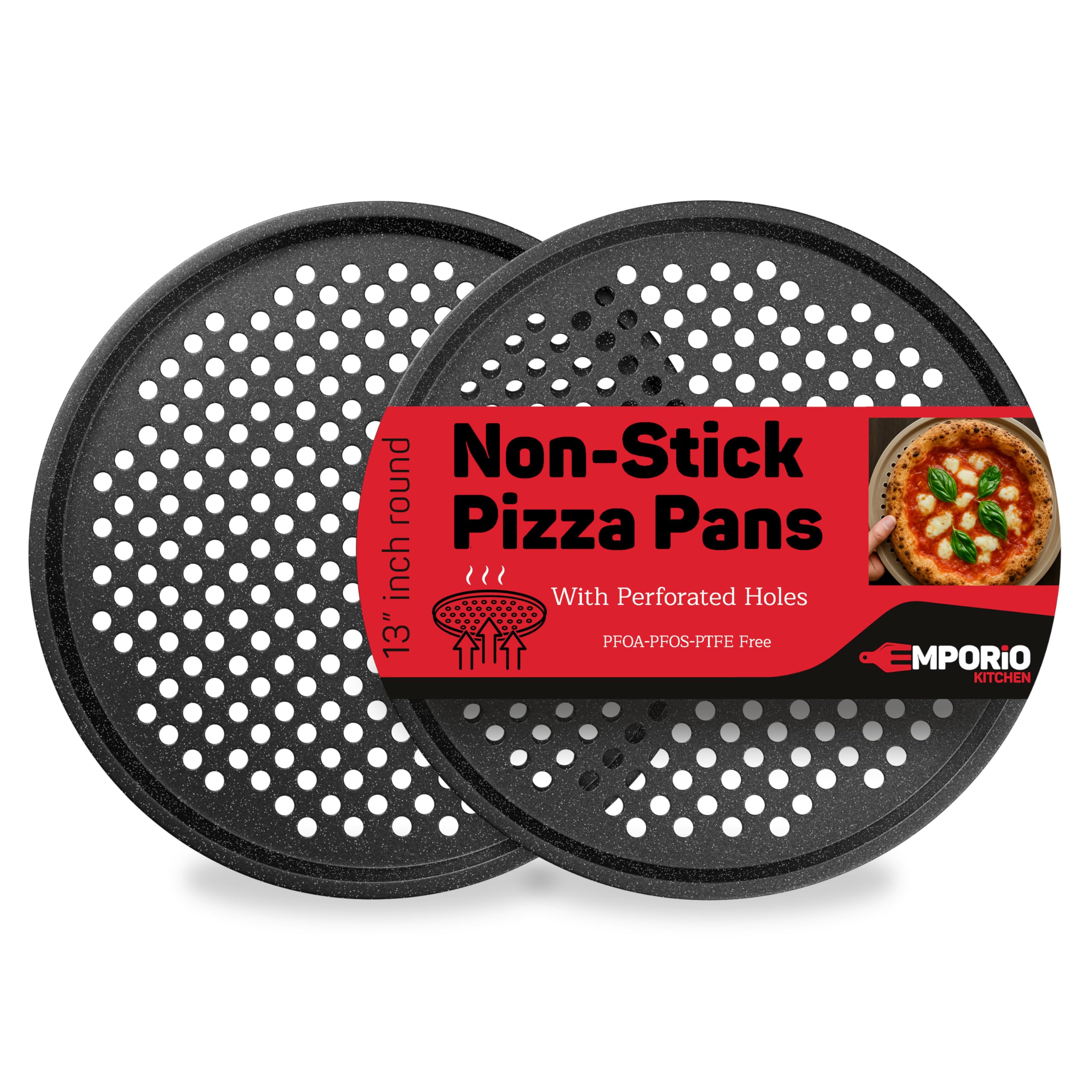 Non-Stick Pizza Pan 2 Pack, 13 Inch Round Carbon Steel Pizza Tray with Perforated Holes for Crispy Crust, PFOAPFOSPTFE Free, Dishwasher & Oven Safe Up