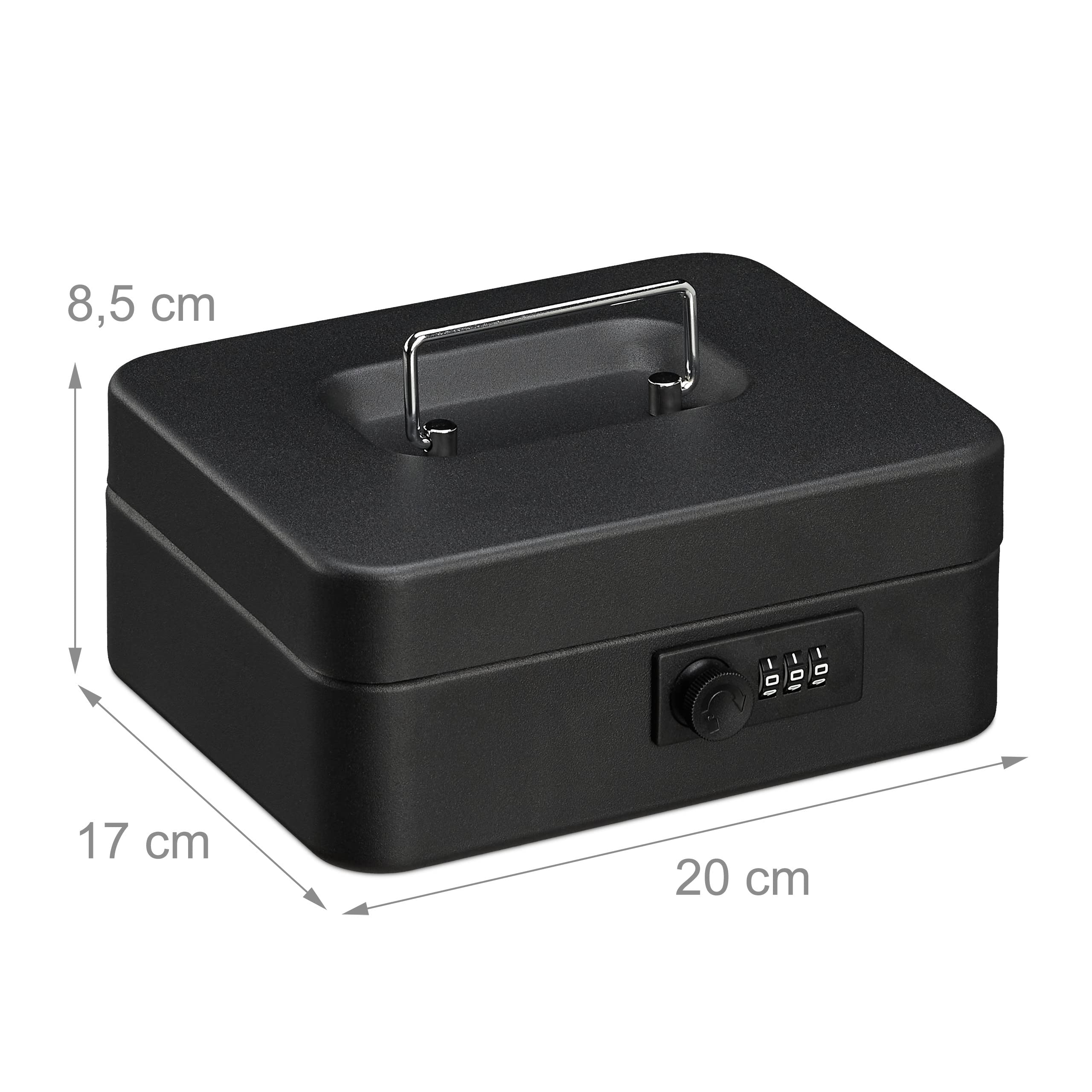 Relaxdays Caja Dinero, Combinación 3 Números, Bandeja para Monedas, Cajita Registradora Hierro, 8,5 x 20 x 17 cm, Negro