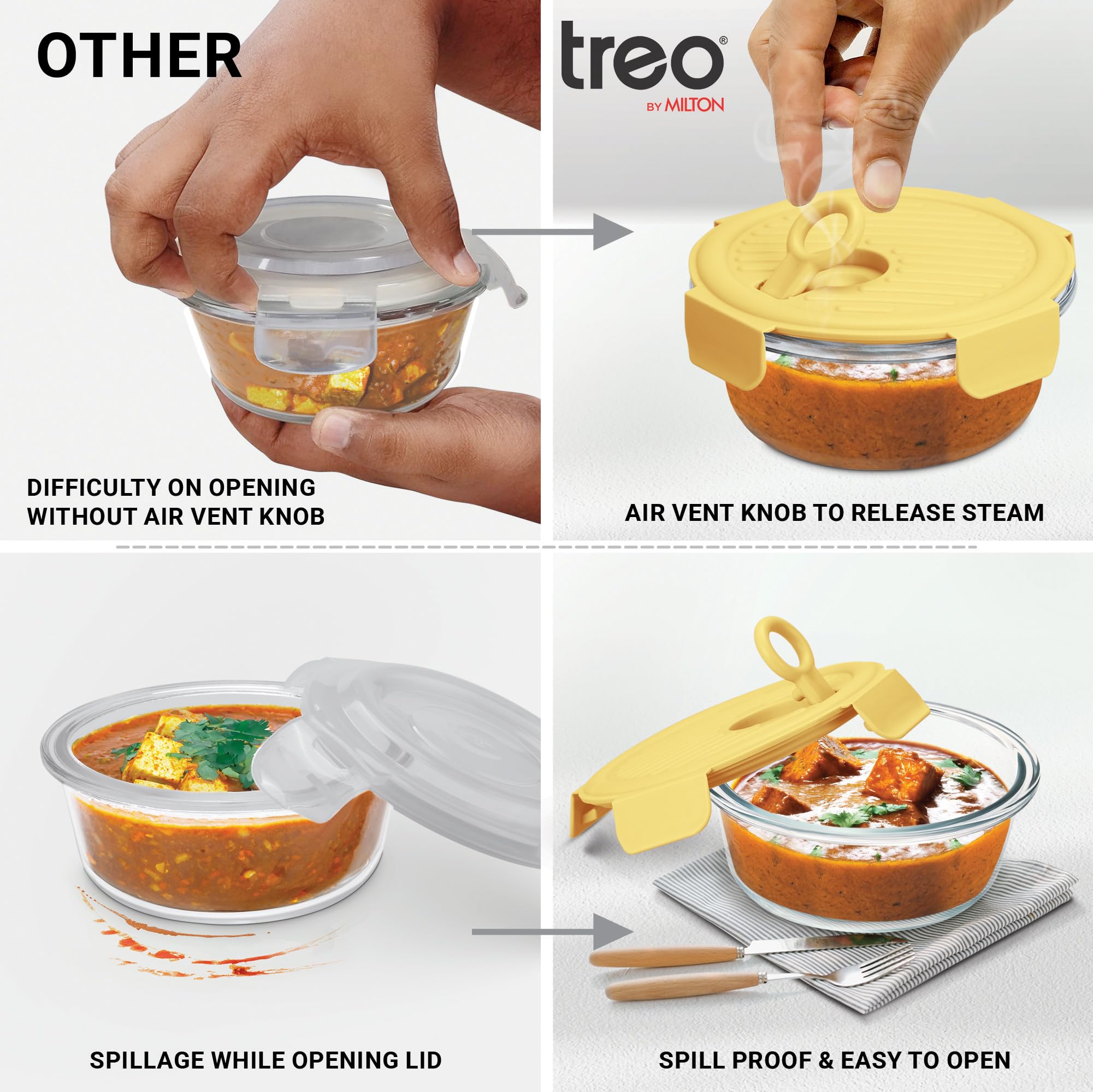 Treo by Milton Lumino Fresh Round Borosilicate Glass Lunch Box Set of 3, Yellow Lid, 400 ml Each with Lunch Bag, Microwave & Dishwasher Safe, Leak Proof Containers Office Tiffin — Amazon image 3