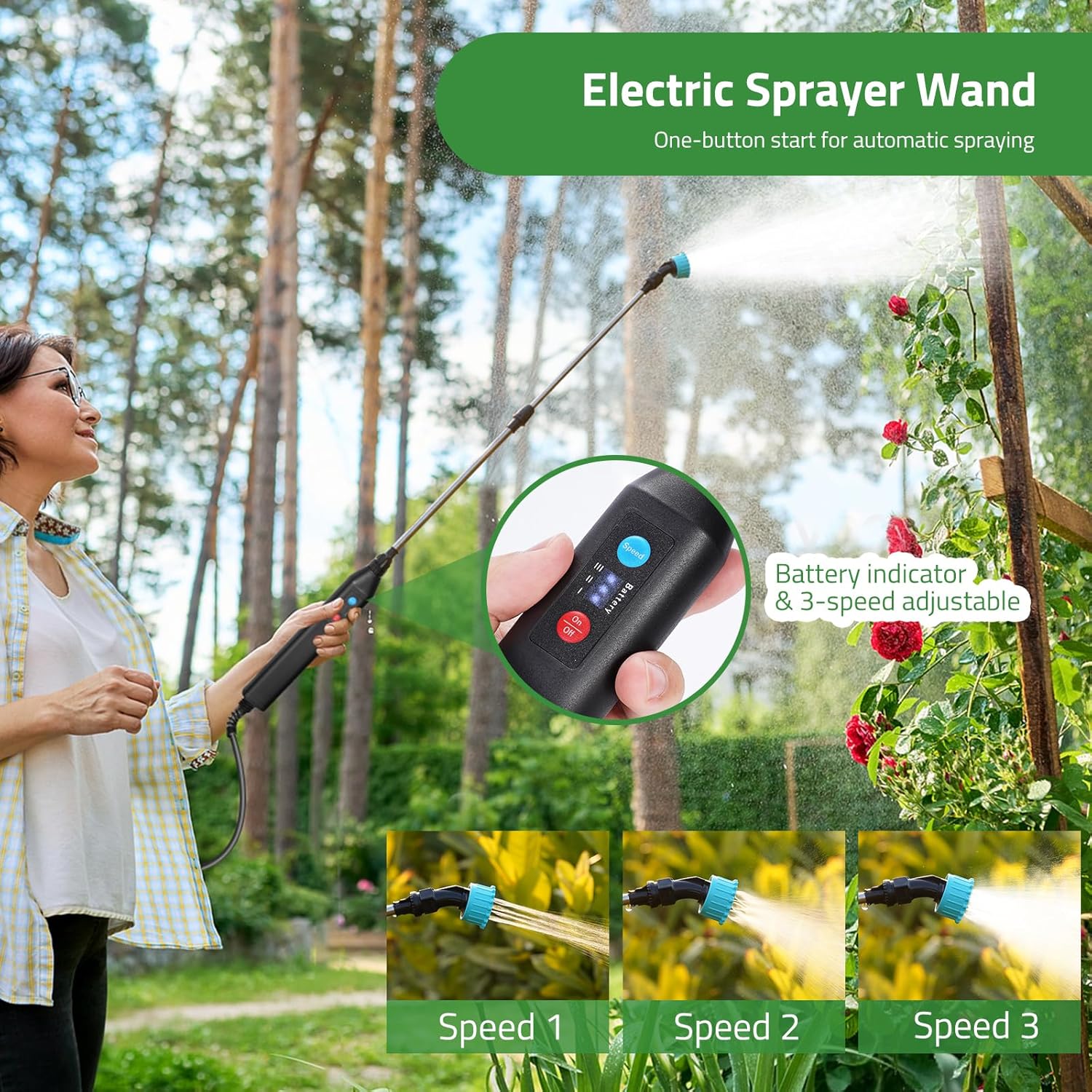 DOUBFIVSY Battery Powered 33" Garden Sprayer Wand, 3 Adjustable Speeds, 4 Mist Nozzles, 10 FT Hose, Black, ABS Handle, Stainless Steel Tube, Lawn & Garden Sprayer - Image 2