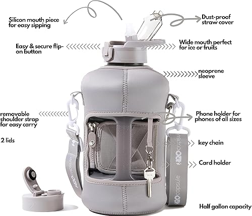 Miniatura 2 de H2O Capsule - Botella de agua de medio galón, con funda de almacenamiento y pajilla cubierta, contenedor grande con asa para bebidas, reutilizable,