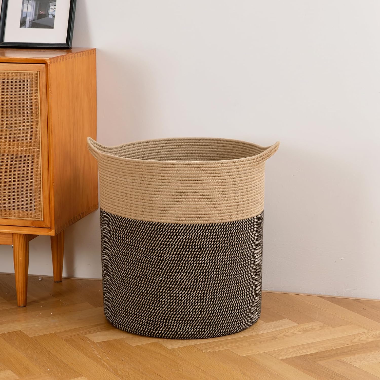 Laundry Basket, 100L Large Laundry Hamper, Tall Woven Rope Storage Basket for Blanket Toys Pillows Towels, Baby Nursery Hamper Bin for Living Room, Bedroom (Black & Yellow) - Image 7