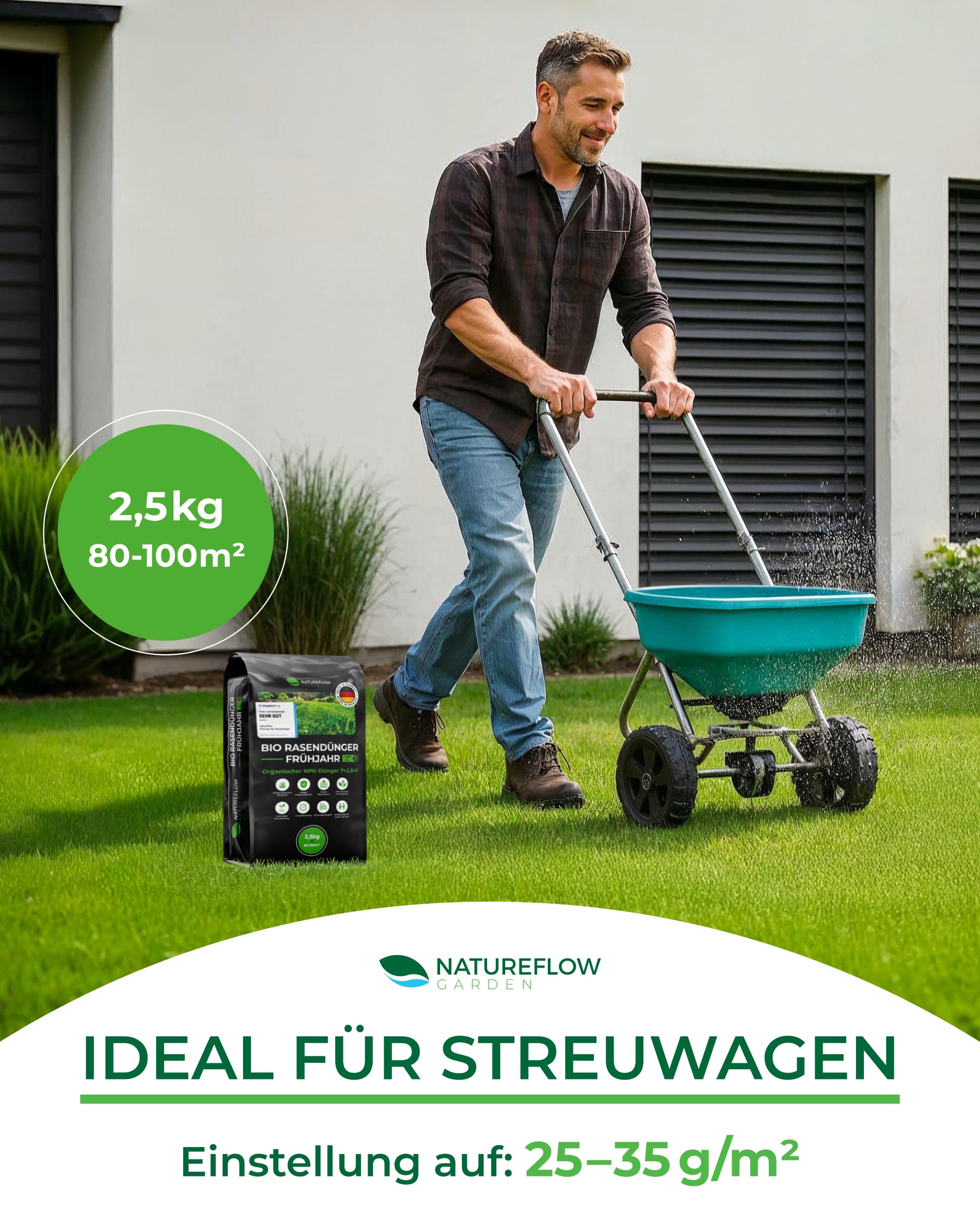 Bio Rasendünger Frühjahr & Sommer TESTSIEGER Made in Germany – 2,5kg für 100qm - Organischer Rasendünger Bio für gesunden Boden & sattgrünen Rasen - Dünger Rasen, Frühjahrsdünger