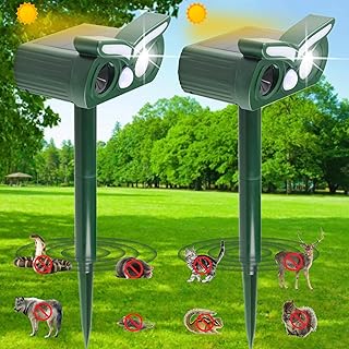 2pcs Solar Ultrasonic Animal Repellent Outdoor,Deer Repellent,Squirrel Repellent,Mouse Repellent,Cat Repellent Outdoor,Devices Motion Detection Waterproof with LED Flash Lights for Yard Farm Garden