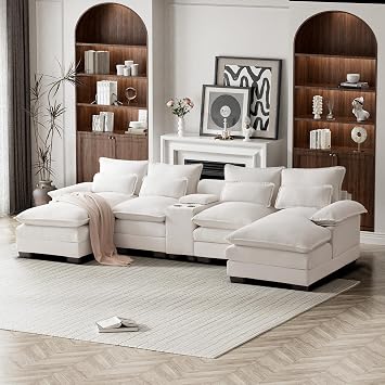 124" Oversized U Shaped Cloud Couch Modular Sectional Couches for Living Room Comfy Chenille Deep Seat Sofa Set with Double Chaise Lounge, Storage Central Console, Cup Holders, USB Port, Beige