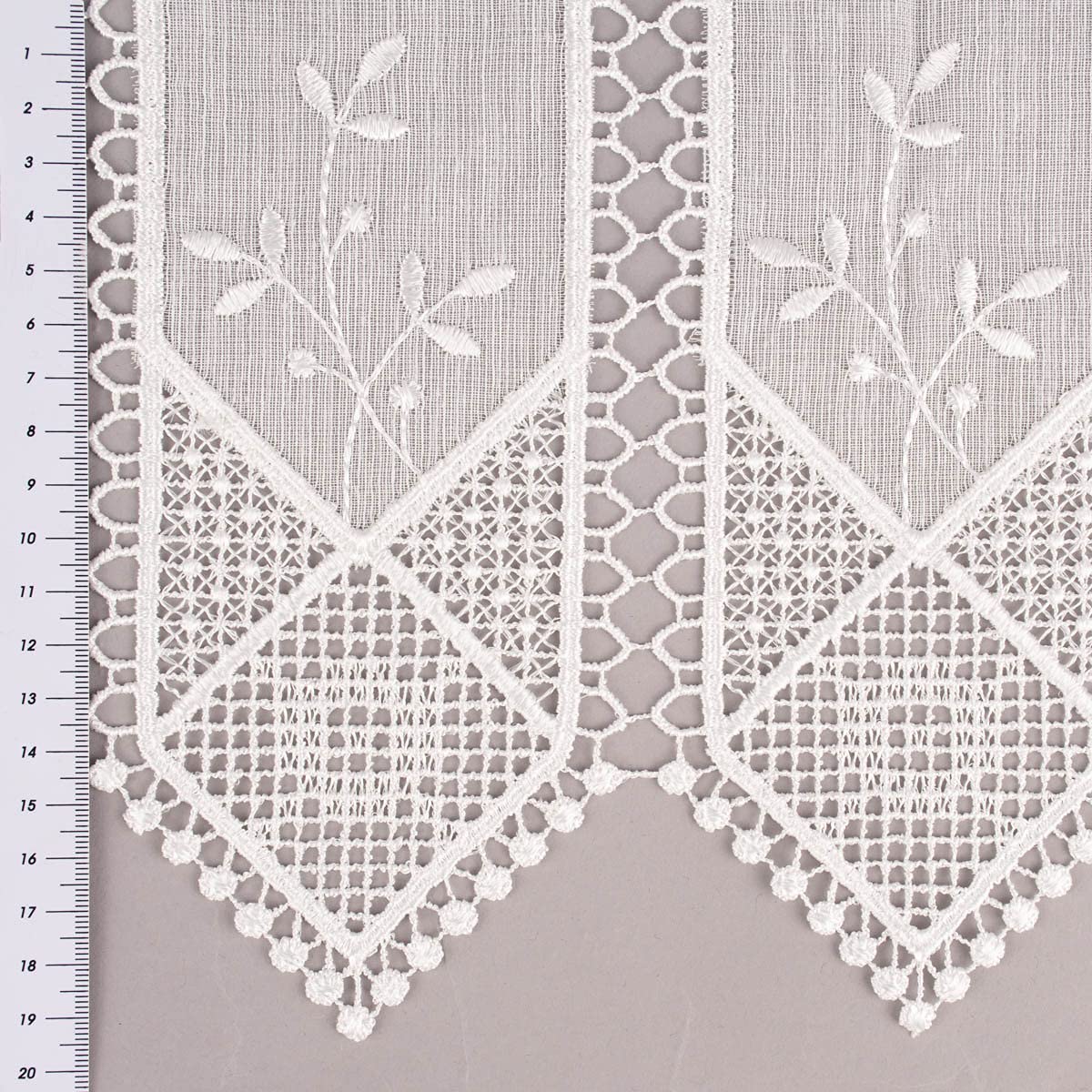 Rideau brise-bise sans couture aspect lin crochet broderie feuilles écru, hauteur 45 cm