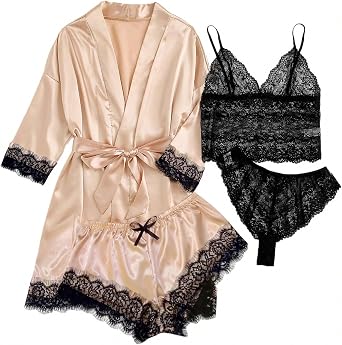 Womens Satin Pajama Set 4PCS Floral Lace Cami Tops Lingerie Lounge Sleepwear with Silk Robe Sexy Nightwear Loungewear