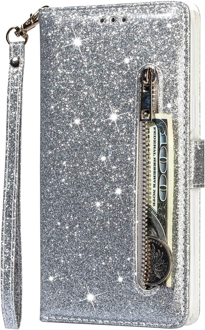 Samsung Galaxy S20 FE Case Zipper Pocket Glitter Bling Flip Shockproof Leather Folio Wallet Case with Stand Silicone Bumper Protector Cover for Samsung S20 FE Phone Case for Girls Women, Silver