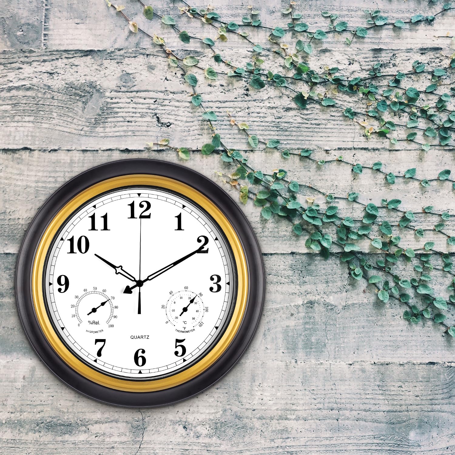 Reloj de pared para exteriores de 18 pulgadas, números arábigos dorados, resistente al agua, ultra silencioso, decoración de jardín
