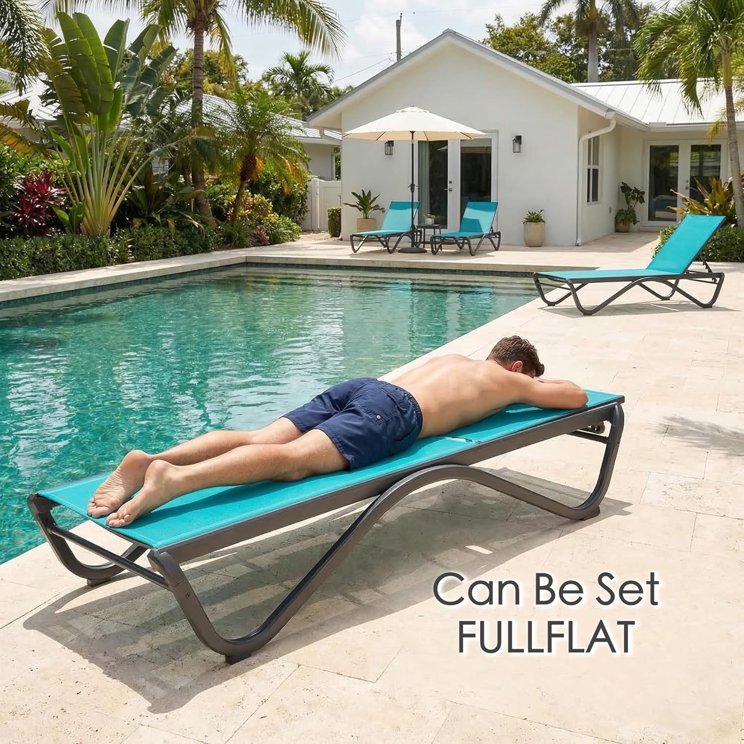 Kozyard Outdoor Chaise Lounge Chair, Full Aluminum Frame and Textilene Fabric, Adjustable Reclining Patio Lounger for Poolside, Sunbathing & Backyard (Aqua)