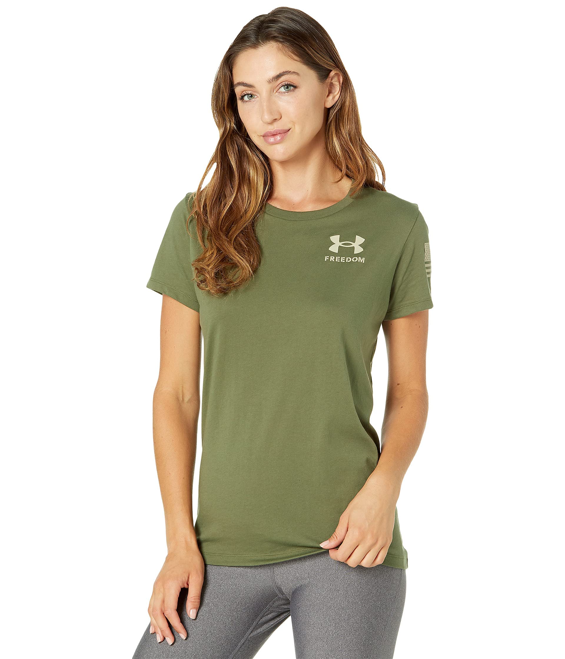 Under Armour Women's Green New Freedom Flag T-Shirt, Marine Od (390) / Desert Sand, Large